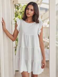 Women Fashion Ruffle Sleeve Solid Color Dress Stylish Dress for Shopping Daily Wear - Blanco - Ver 5