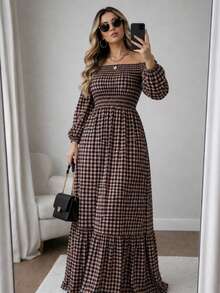 Adult Plus Size Long Plaid Dress With 3/4 Sleeves, Adjustable Elastic Waistband, Perfect For June Festivals, Country Fashion, Loose Fit, And Comfortable. - Nâu/Đen - Xem 1