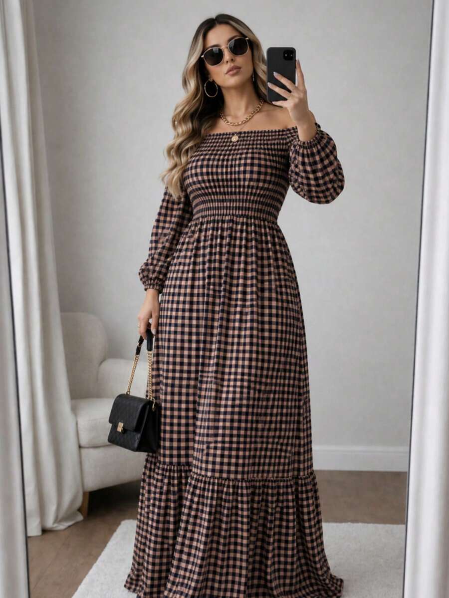 Adult Plus Size Long Plaid Dress With 3/4 Sleeves, Adjustable Elastic Waistband, Perfect For June Festivals, Country Fashion, Loose Fit, And Comfortable. - Nâu/Đen - Xem 1