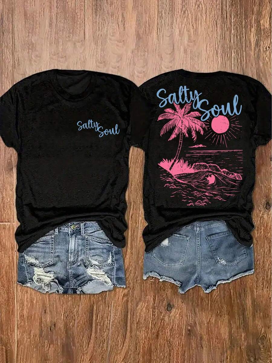 100% Cotton Women's T-Shirts 2026 With Letter And Beach Print, Round Neck T-Shirt, Casual Short Sleeve Top For Vacation, Korean Style Women's Clothing - Black - View 1