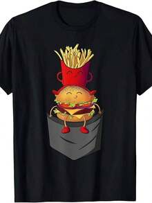 Ropa de bolsillo de comida rápida: Papas fritas, hamburguesas y una camiseta con temática de patatas. Disponible en un diseño similar para hombres y mujeres, esta camiseta estampada de manga corta para el verano está hecha de materiales puros. - Negro - Ver 1