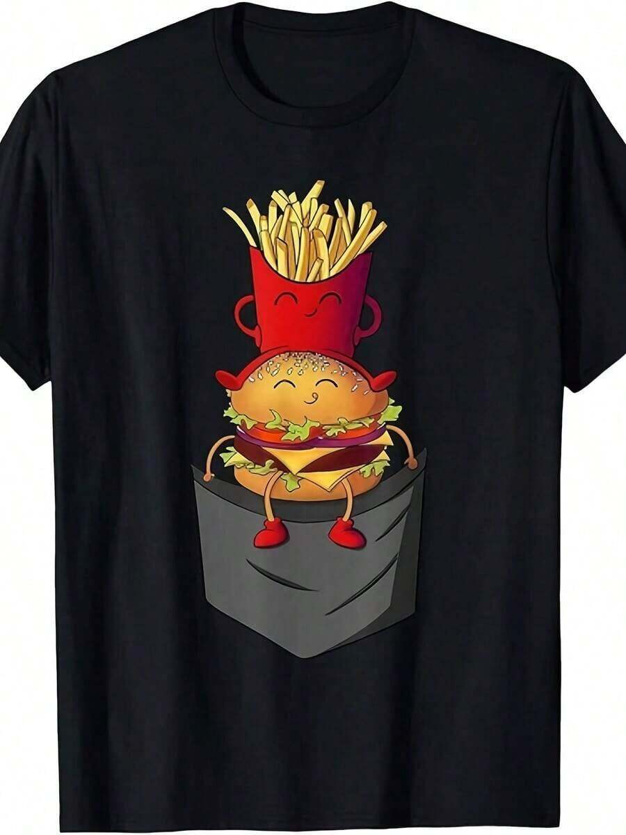 Ropa de bolsillo de comida rápida: Papas fritas, hamburguesas y una camiseta con temática de patatas. Disponible en un diseño similar para hombres y mujeres, esta camiseta estampada de manga corta para el verano está hecha de materiales puros. - Negro - Ver 1