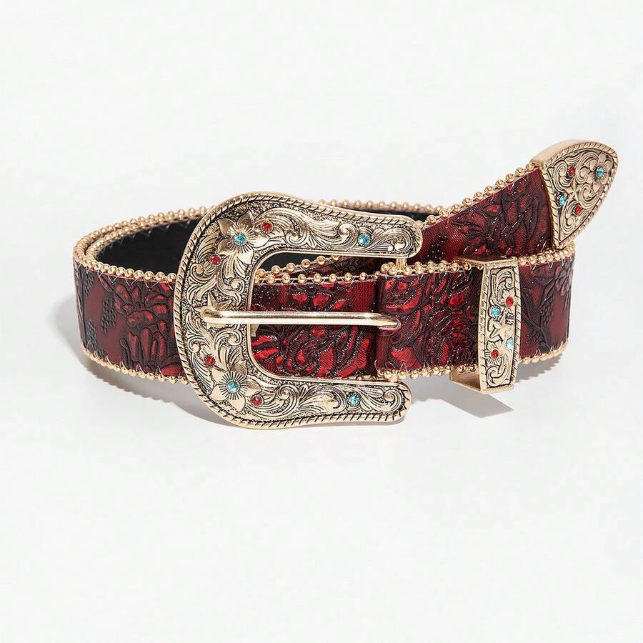1pc Multicolor Bohemian Patterned Floral Element Metal Buckle Colorful Flower Print Women's Decorative Belt, Suitable For Commuting And Daily Wear
