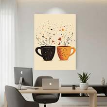 Enmarcado Lienzo decorativo 2D plano de 1 pieza, estilo Art Déco moderno retro, diseño de tazas humeantes otoñales, póster impreso de alta calidad, elegante decoración de oficina en casa con marco de  para sala de estar, dormitorio, cocina, baño, orientación vertical para interiores, decoración de cocina - Enmarcado - Ver 4