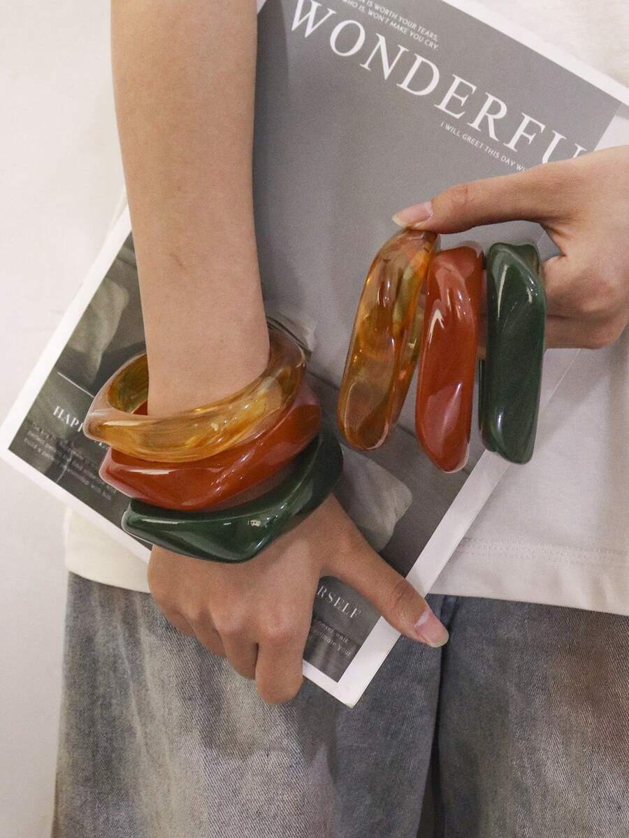3件組不對稱半透明方形樹脂手鍊,適合女性日常或度假穿著 - 彩色 - 查看 1