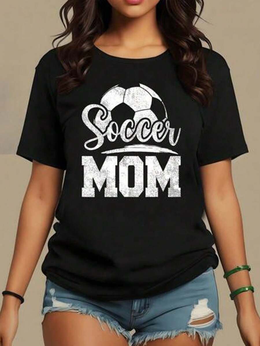Camiseta con estampado de "Soccer Mom" y balón de fútbol vintage para mujer, camiseta de manga corta de cuello redondo con letras blancas, casual y versátil - Negro - Ver 1