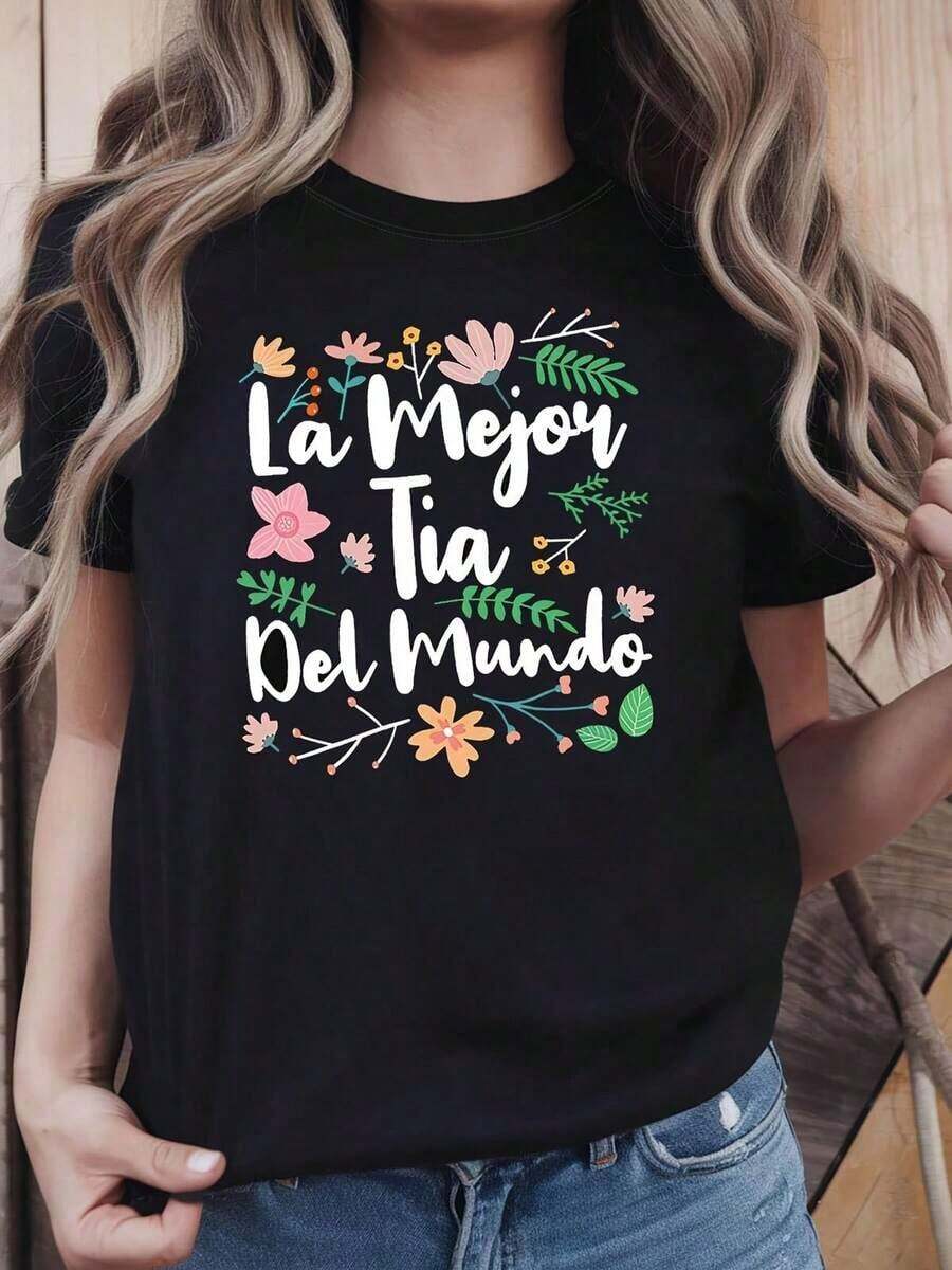 Camiseta de Mujer, "La Mejor Tía Del Mundo" con Estampado Floral en Español, Manga Corta, Regalo para Cumpleaños, Pascua, Día de la Madre, Camiseta Casual de Cuello Redondo para Mujer - Negro - Ver 1