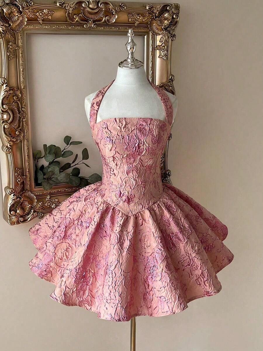 Vestido elegante, romántico y de moda de tela jacquard burdeos con escote halter, espalda descubierta y manga larga en corte evasé, adecuado para ceremonia de graduación, apertura de escuela, festival de música, fiesta de cumpleaños, boda, té de la tarde, baile de graduación - Rosa - Ver 1