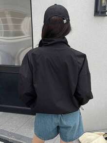 Chaqueta con cremallera, cordón ajustable y hombros caídos, ropa de otoño - Negro - Ver 6