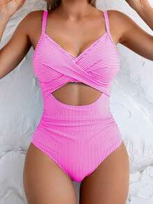 Basics 1 pieza Traje de baño de una sola pieza de mujer minimalista de unicolor con diseño hueco y cruzado en la parte delantera, con tirantes gruesos, para verano - Rosa Fucsia - Ver 5