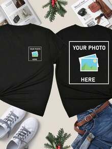 Camiseta personalizada para mujer - Agrega tu texto y fotos (paisaje/insignia/pareja/familia/selfie/mascota), imprimible por delante y por detrás, adecuada para viajes de verano, regalo para la novia, camiseta personalizada para mujer, top de mujer, moda, casual, minimalista, personalizada, única, ropa de hombre, armario cápsula negro, para la familia - Negro - Ver 8
