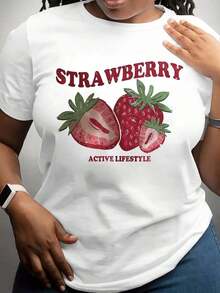 Women's Summer T-Shirt With Vintage Strawberry Print, Strawberry Fruit Design, Active Lifestyle Text, Casual Summer Clothing, Fashion Top For Women - 白色 - 查看 6