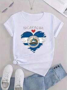 Minimalist Leisure Activities. Women's Casual Short Sleeve T-Shirt - With Flag And Slogan Print, Crew Neck, Low Stretch, Machine Washable, Comfortable All-Season Garment With A Sense Of National Pride. A Must-Have For Everyday Casual Wear: Women's Solid Color T-Shirt, Loose And Fitted Cut, Casual Short Sleeves. - 白色 - 查看 3