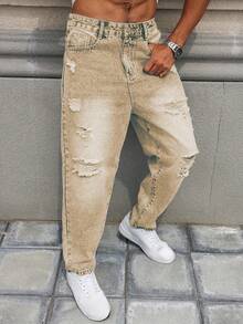 Men's Loose Comfortable Versatile Relaxed Fit Distressed Straight Leg Jeans, Fashionable For Spring & Autumn - Khaki - View 5