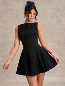 Vestido negro sólido, minimalista y sexy de corte evasé en tono burdeos para mujer, vestido para citas, vestido de dama de honor corto, vestido negro elegante para primavera/verano - Negro - Ver 5