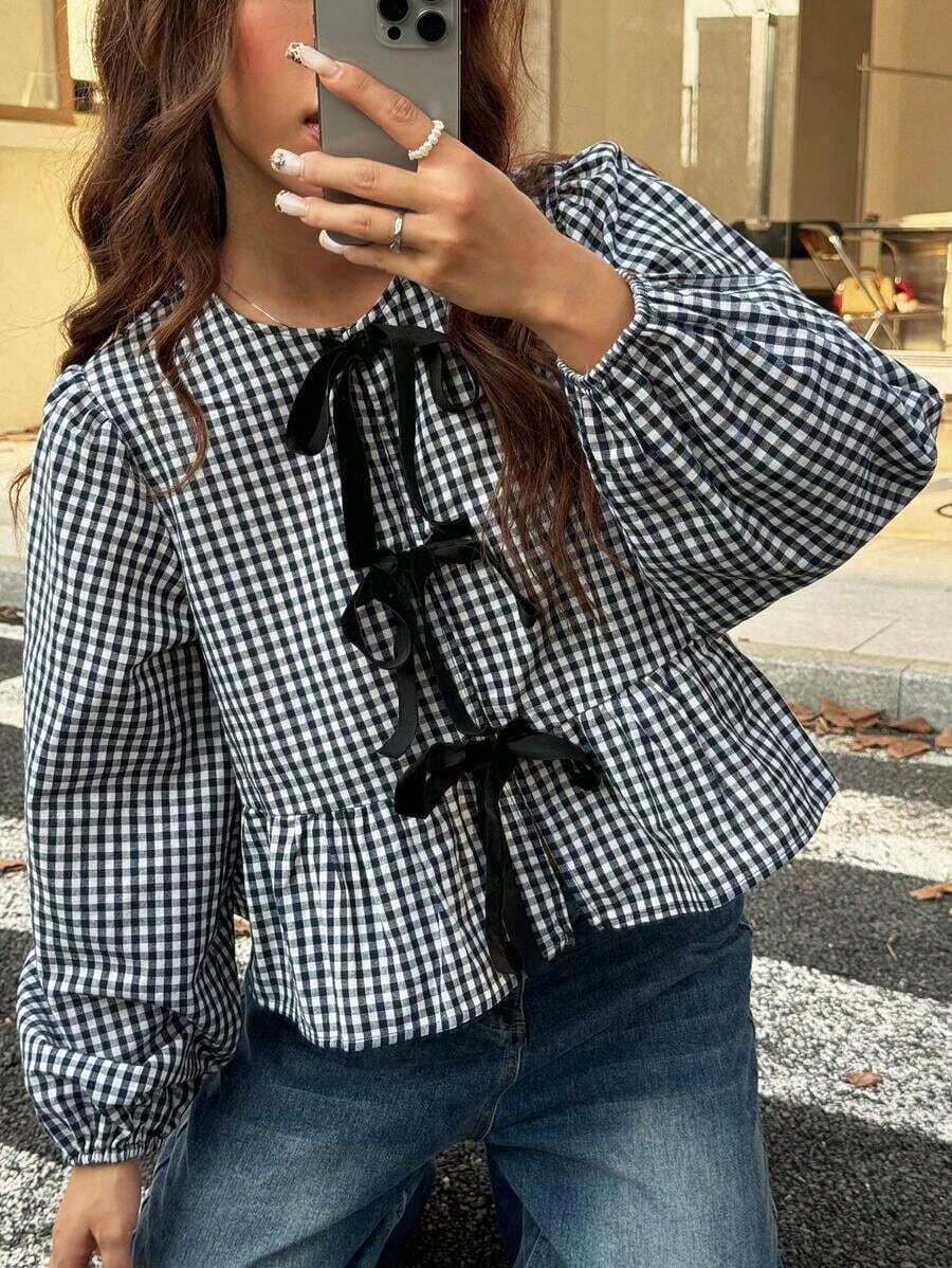 Blusa de cuello redondo de estilo vaquero, hippie y vintage para mujer, nueva llegada del verano 2025 - Blanco y Negro - Ver 1