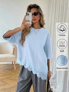 Camiseta casual de mujer con dobladillo asimétrico de encaje de unicolor, uso básico diario, blusa casual de primavera/verano para vacaciones de mujer, vacaciones de verano para mujer, primavera para mujer, vacaciones de primavera, top para ir - Celeste - Ver 1
