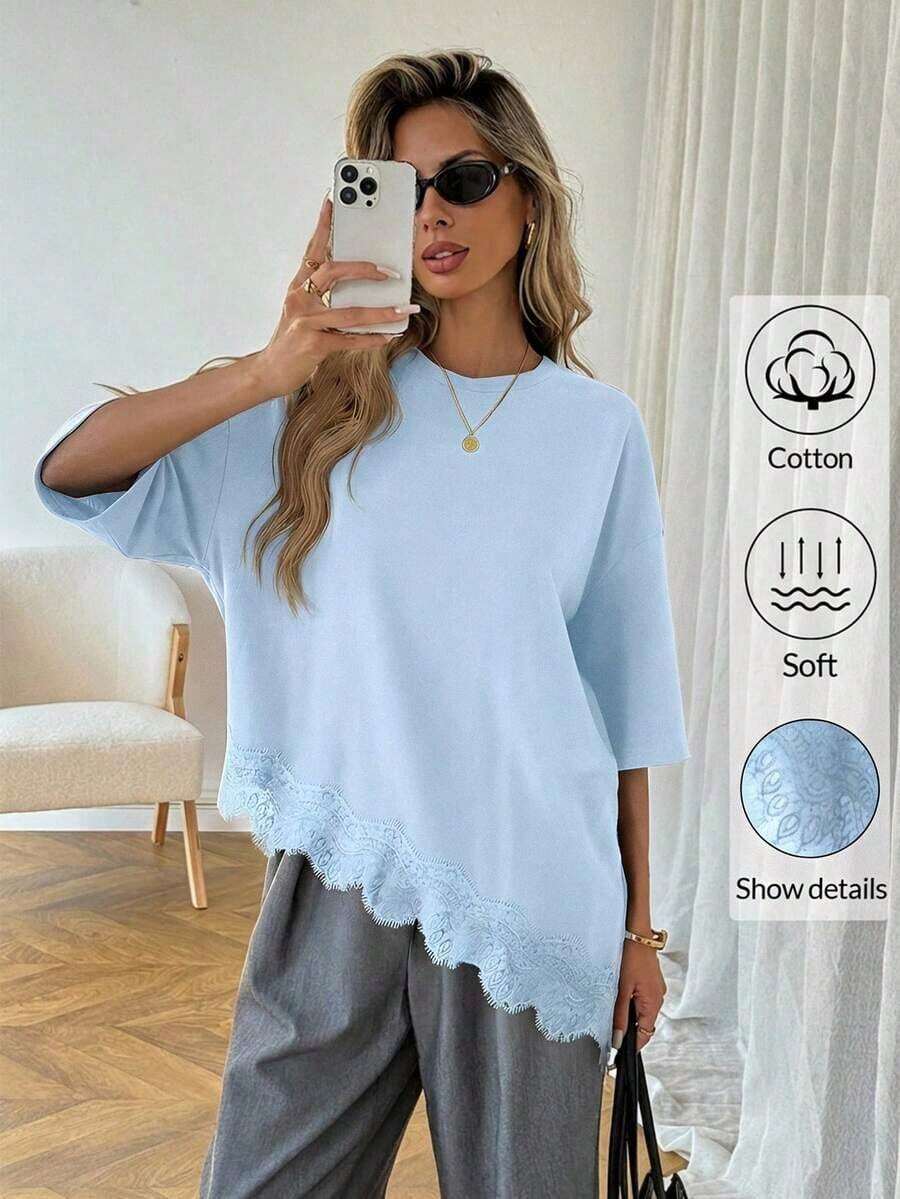 Camiseta casual de mujer con dobladillo asimétrico de encaje de unicolor, uso básico diario, blusa casual de primavera/verano para vacaciones de mujer, vacaciones de verano para mujer, primavera para mujer, vacaciones de primavera, top para ir - Celeste - Ver 1