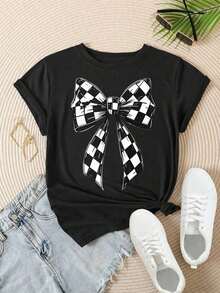 Women's Vintage Style Short Sleeve Casual T-Shirt - Summer Blouse With Round Neck And Black And White Check Pattern, Machine Washable, Ladies' T-Shirts, Casual Wear, Modern Style, Comfortable Fit

BlackFashion - 黑色 - 查看 2