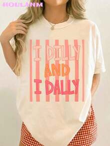 GiftGiftGiftGiftPlayera selección mexicana de fútbolCamiseta gráfica de rayas rosas para mujer "I Dilly And I Dally" |   Tops de primavera, camiseta de manga corta de talla grande, ropa de mujer, camisetas de verano para mujer, suaves.SoftSoft - Albaricoque - Ver 1