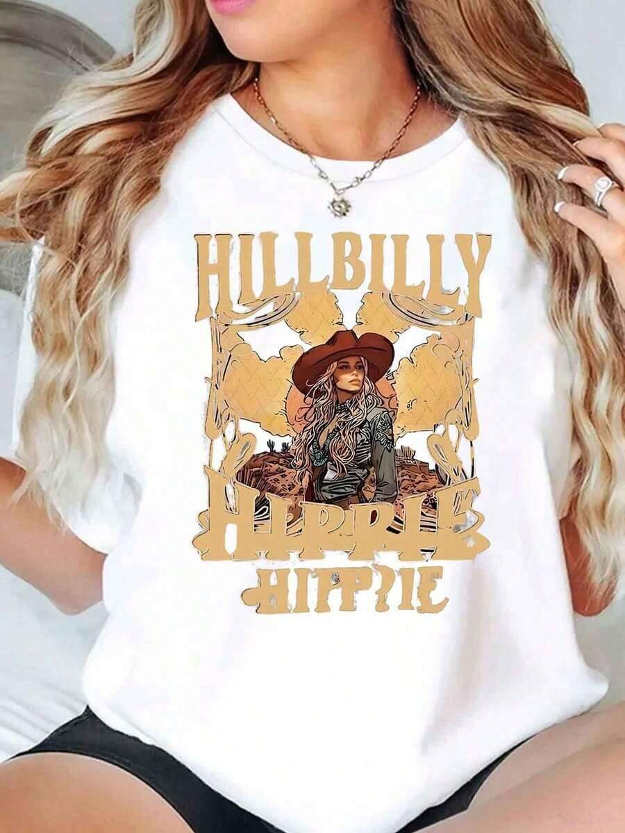 GiftGiftGiftGiftCamiseta de Cuello Redondo para Mujer con Estampado Gráfico Estilo Hillbilly Hippie, Corte Holgado Casual, SuaveSoftSoft - Blanco - Ver 1