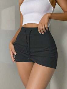 Minifalda de mujer con cintura baja y cordón, para verano - Gris Oscuro - Ver 3