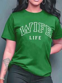 Camiseta de manga corta para mujer, estilo minimalista moderno [Camiseta deportiva] con estampado de letras vibrantes - Top casual de manga corta para primavera y verano - Ropa de moda para mujer para uso diario |     Corte relajado |    casual de uso diario - Verde - Ver 1