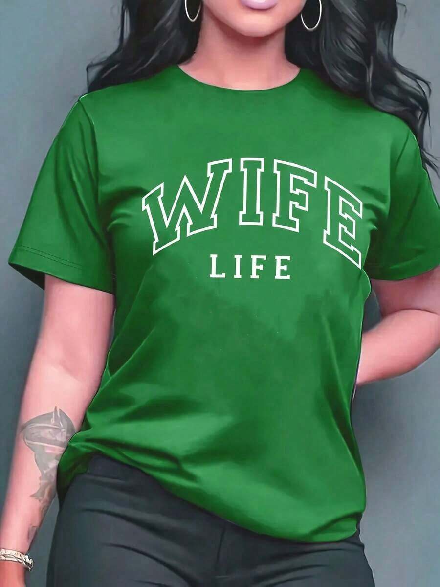 Camiseta de manga corta para mujer, estilo minimalista moderno [Camiseta deportiva] con estampado de letras vibrantes - Top casual de manga corta para primavera y verano - Ropa de moda para mujer para uso diario |     Corte relajado |    casual de uso diario - Verde - Ver 1
