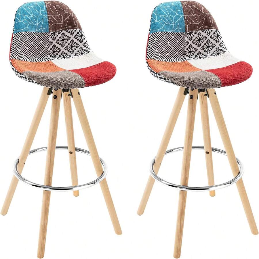 Bar Stools Set Of 2 Pcs Barstools Multicolor Patchwork Breakfast Kitchen Counter Bar Chairs Wood Leg In Nature - Multicolor - View 1