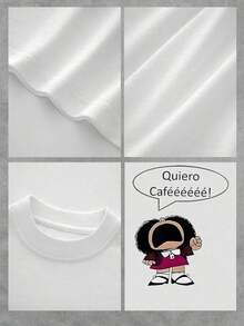 Minimalist Women's Casual White T-Shirt With A Fun Cartoon Print, Comfortable Crew Neck T-Shirt For Coffee Lovers, Unique Graphic Design, Perfect For Everyday Wear, Soft And Breathable Fabric. Simple Solid Color Women's T-Shirt, Loose And Fitted Cut, Casual Short Sleeve - 白色的 - 查看 5