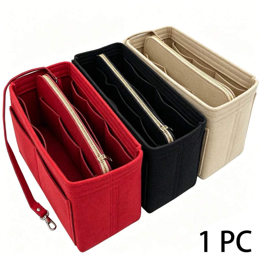 1 pieza Bolsa organizadora de fieltro de gran capacidad/grande/mediana/pequeña multifuncional, bolsa de maquillaje de gran capacidad, bolsa de fieltro, organizador minimalista desmontable - Negro - Ver 1