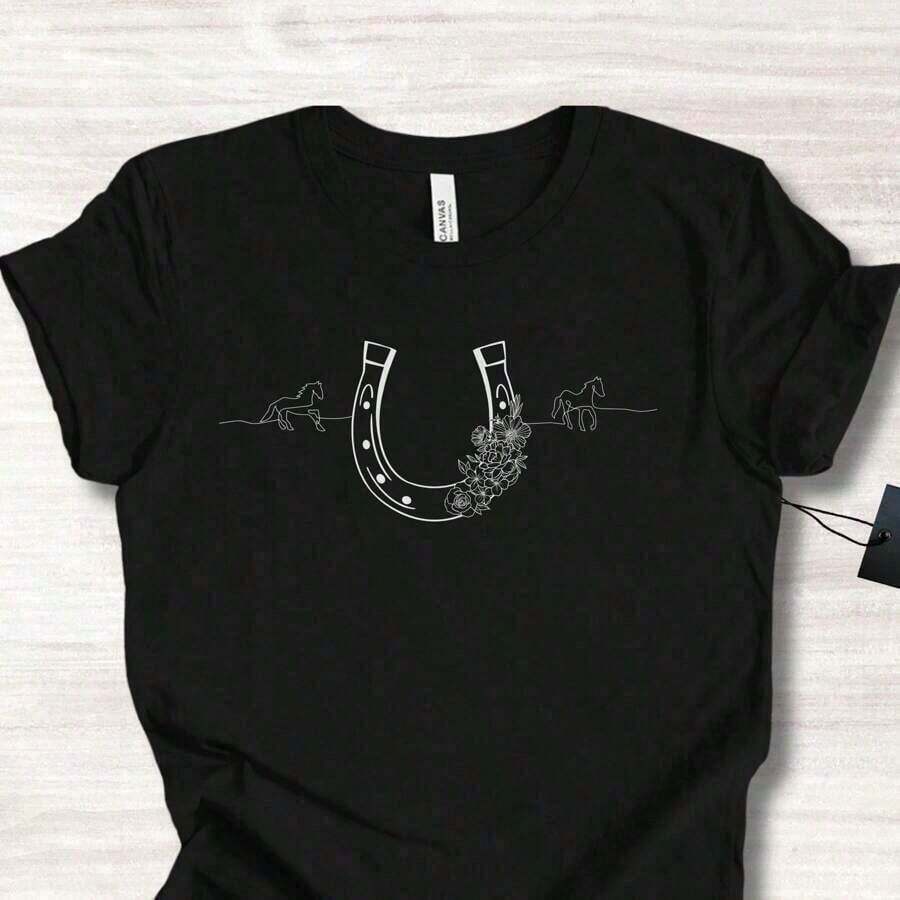 100% Cotton Camiseta de caballo de la suerte 100% algodón, camiseta de herradura, regalo ecuestre, camiseta de manga corta, regalo para amantes de los caballos, camiseta gráfica de caballo, camiseta de regalo para dueño de establo, versátil, transpirable, cómoda, suave, ropa de diseñador estirada, moda gráfica, elegante, ropa de calle de verano, top casual para uso diario para mujeres, ligeramente suelta y cómoda(Casual style, retro style, unisex) - Negro - Ver 1