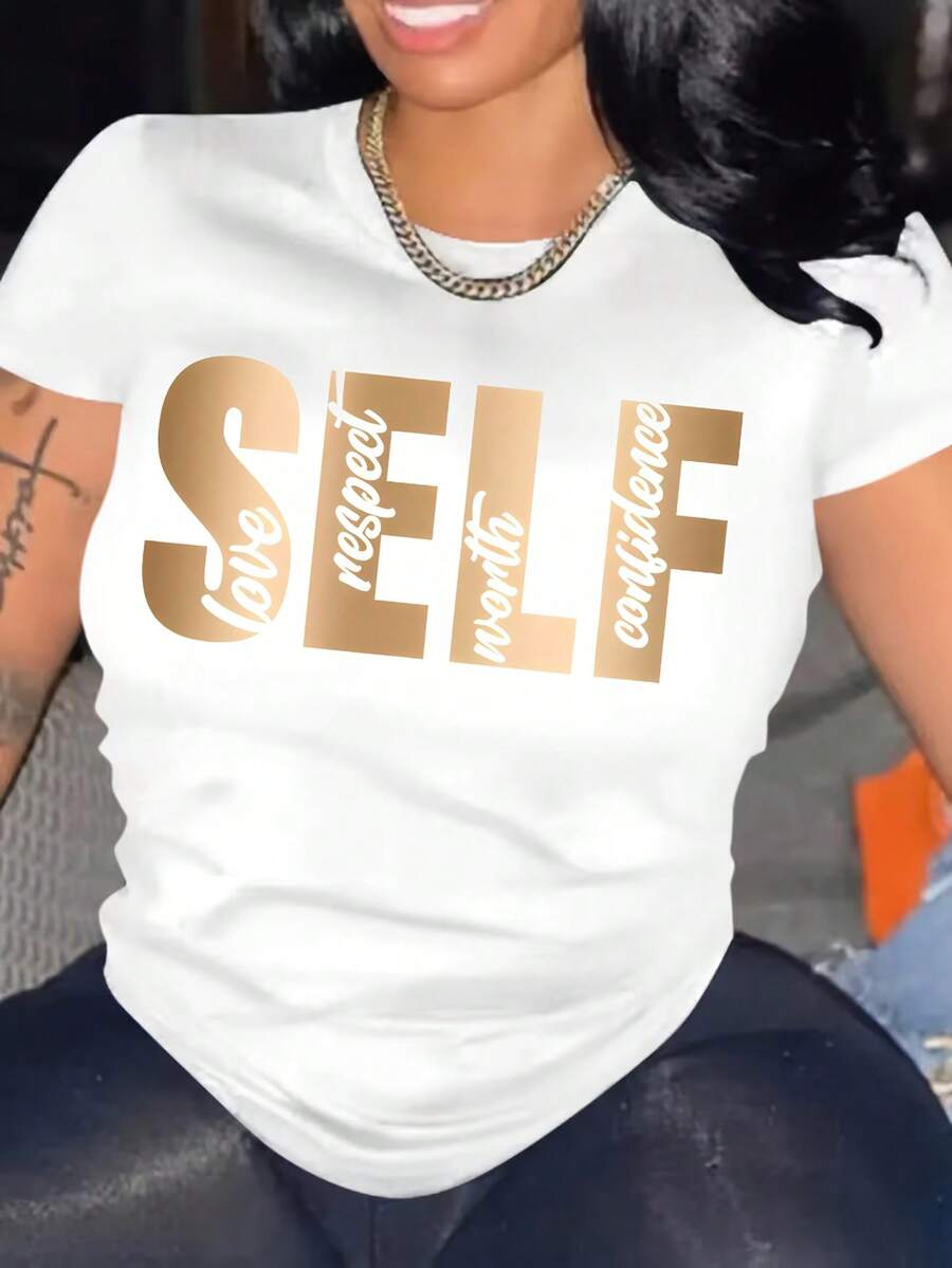 Camiseta con Estampado de Letras SELF, Estilo Reina Segura de Sí Mismas, Corte Holgado, Efecto Adelgazante, Manga Corta - Blanco - Ver 1