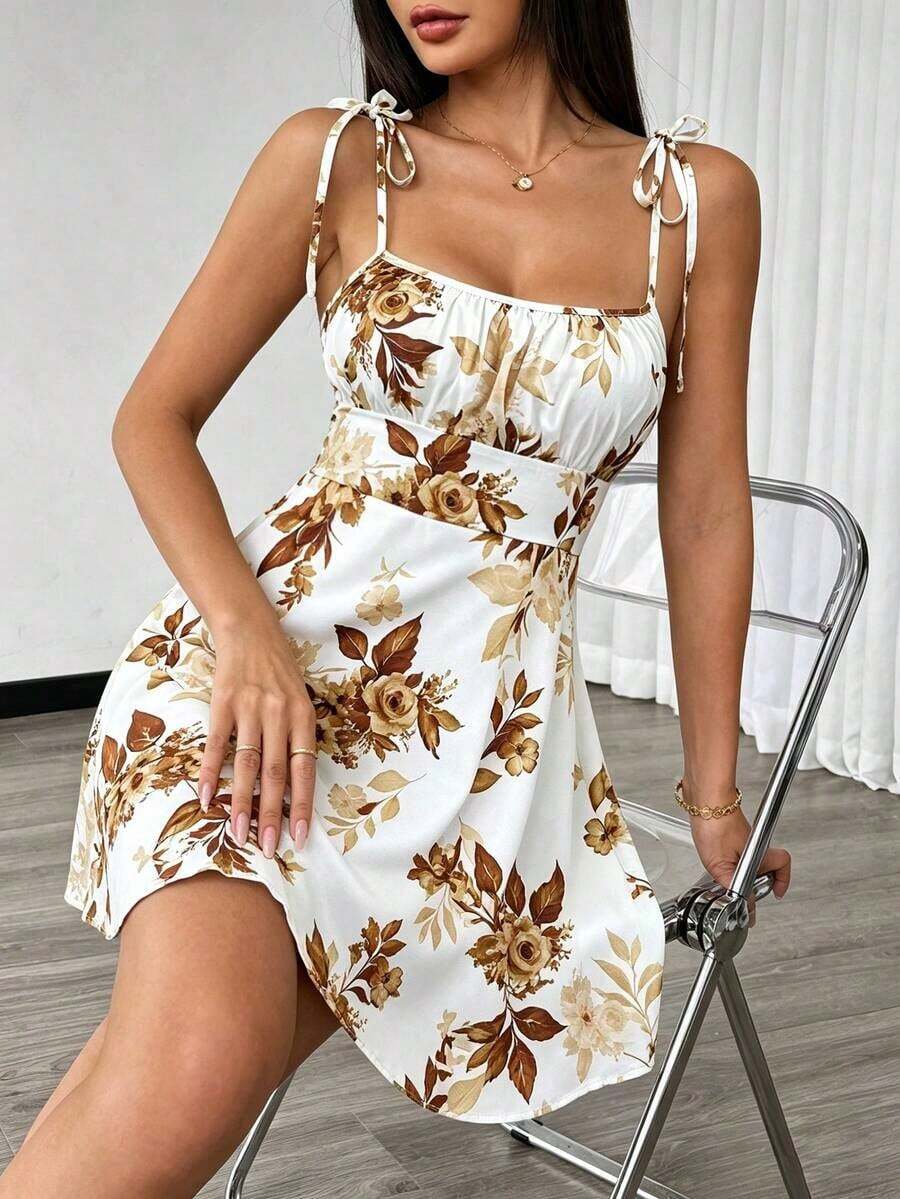 Vestido mini con tirantes de espagueti y estampado floral ditsy con lazo - Multicolor 4 - Ver 1