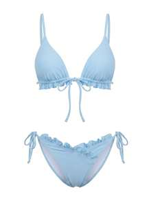 Women 2-Piece Swimsuits Cute Ruffles Tie Front Bikini Bra And Side Drawstrings Thong Sets For Bathing Suit - Blue - View 7