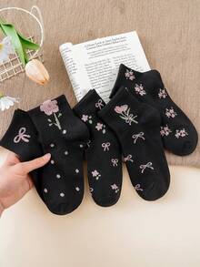 5 Pairs Women's Floral & Bow Pattern Breathable Short Socks - Multicolor - View 2
