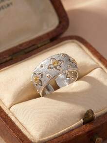 1 pieza Anillo abierto de flor de cuatro hojas estilo palacio de plata de ley 925 cepillada, regalo de cumpleaños, anillo romántico para damas - Trébol de cuatro hojas - Ver 6