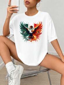 Diseño gráfico de impresión de águila Fl-ag mexicano con águila dorada, alas verdes y rojas, llamas ardientes, estilo de arte de acuarela, símbolo nacional, tema patriótico.jpgRegalos personalizados: Camisetas para mujer con estilos que van desde lo moderno, hippie, casual y minimalista. Ropa masculina personalizada única, armarios cápsula y prendas básicas/urbanas para hombre. Regalos ideales para novios, familiares y amigos, adecuados para cumpleaños, vacaciones, colegio/competiciones, deportes/escalada y más, así como para la moda de otoño y eventos urbanos. Blanco verano. - Blanco - Ver 2