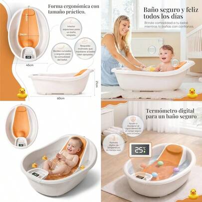 LURKO Bañera Rígida para Bebé con Antideslizante Tina con Termómetro Digital a Color Reposa Cabeza Entrepierna Ergonómica y Tapón de Drenaje. Segura Cómoda y Fácil de Usar