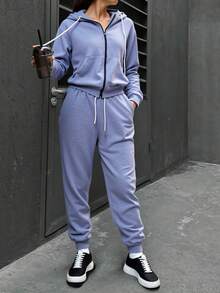 Conjunto Deportivo de 2 Piezas para Mujer: Sudadera con Capucha y Cierre de Cremallera Frontal más Pantalón Jogger con Cordón Ajustable - Set Casual de Algodón Suave para Entrenamiento, Gimnasio y Uso Diario - Gris Claro - Ver 3