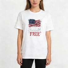 Camiseta Casual de Algodón de Manga Corta con Cuello Redondo y Gráfico de la Bandera de EE. UU. para Uso Diario para Mujer. Camiseta de manga corta / tee de manga corta. 100% Algodón. - Blanco - Ver 2