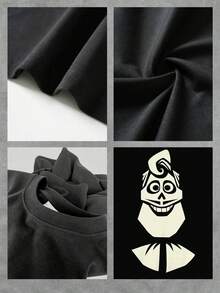 Gráfico de calavera con sonrisa amplia y peinado divertido que simboliza la energía positiva y el espíritu libre en la vida diaria camiseta de mujer  cómoda y moderna para uso casual - Negro - Ver 4