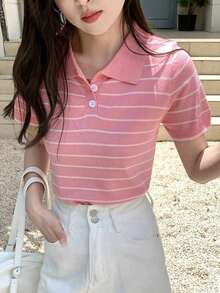 Blusa de punto de manga corta con contraste de rayas, casual de negocios - Rosa Pálido - Ver 8