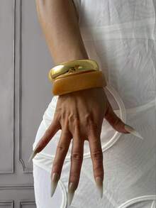 3pcs Set European And American Exaggerated Geometric Bangles, Dark Green And Amber Color Combination, Luxury Minimalist Elegant Open Cuff Bracelets, Versatile Unique Stackable Jewelry For Women - Multicolor - View 10