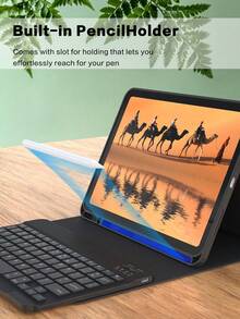 纯色材质翻盖键盘保护套，兼容苹果iPad，内置150mAh电池和Apple Pencil笔槽，适用于iPad Air第五代（2022年）、第四代（2020年）、第六代（2024年）、9.7英寸、第七/八/九代、10.2英寸、10英寸机型，黑色，生日礼物 - 黑色 - 查看 6