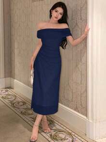 Vestido de hombros abiertos de unicolor, vestido de fiesta elegante para cumpleaños, Año Nuevo, baile de graduación, vestido de cóctel de hombros descubiertos de largo maxi - Azul marino - Ver 2