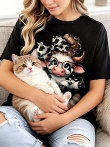 Camiseta de mujer con estampado de vaca, diseño divertido de dibujos animados, estilo streetwear, top de cuello redondo de gran tamaño para salidas diarias, campamentos, conciertos, eventos de hip-hop, rock y rap, con diseño de gafas y taza de café para uso casual, regalo para amantes del café, camiseta gráfica de animales divertida para atuendos cotidianos. - Negro - Ver 3