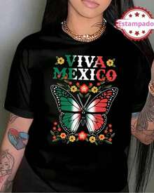 Camiseta de mujer cuello redondo manga corta estampado, mariposa patriota VIVA México fiesta patria , blusas playeras gráficas para mujer - Negro - Ver 8