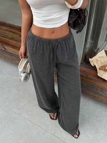 Pantalones anchos de pierna negros con diseño de estampado de leopardo retro elegante, pantalones rectos con cintura elástica con cordón, uso casual, vuelta al colegio - Negro - Ver 3