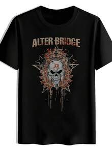 Camiseta de Hombre con Logo y Letras de la Banda Alter Bridge - Estampado Retro de Calavera Icónica y Letras AB, Camiseta de Manga Corta de Corte Holgado, Adecuada para Fanáticos del Rock, Regalo de Mercancía de Conciertos, Logo AB Lavable a Máquina para Atuendo Casual (Negro). Una camiseta de manga corta adecuada para el hogar, uso diario, fiestas y viajes, perfecta como regalo para amigos o familiares. - Negro - Ver 1